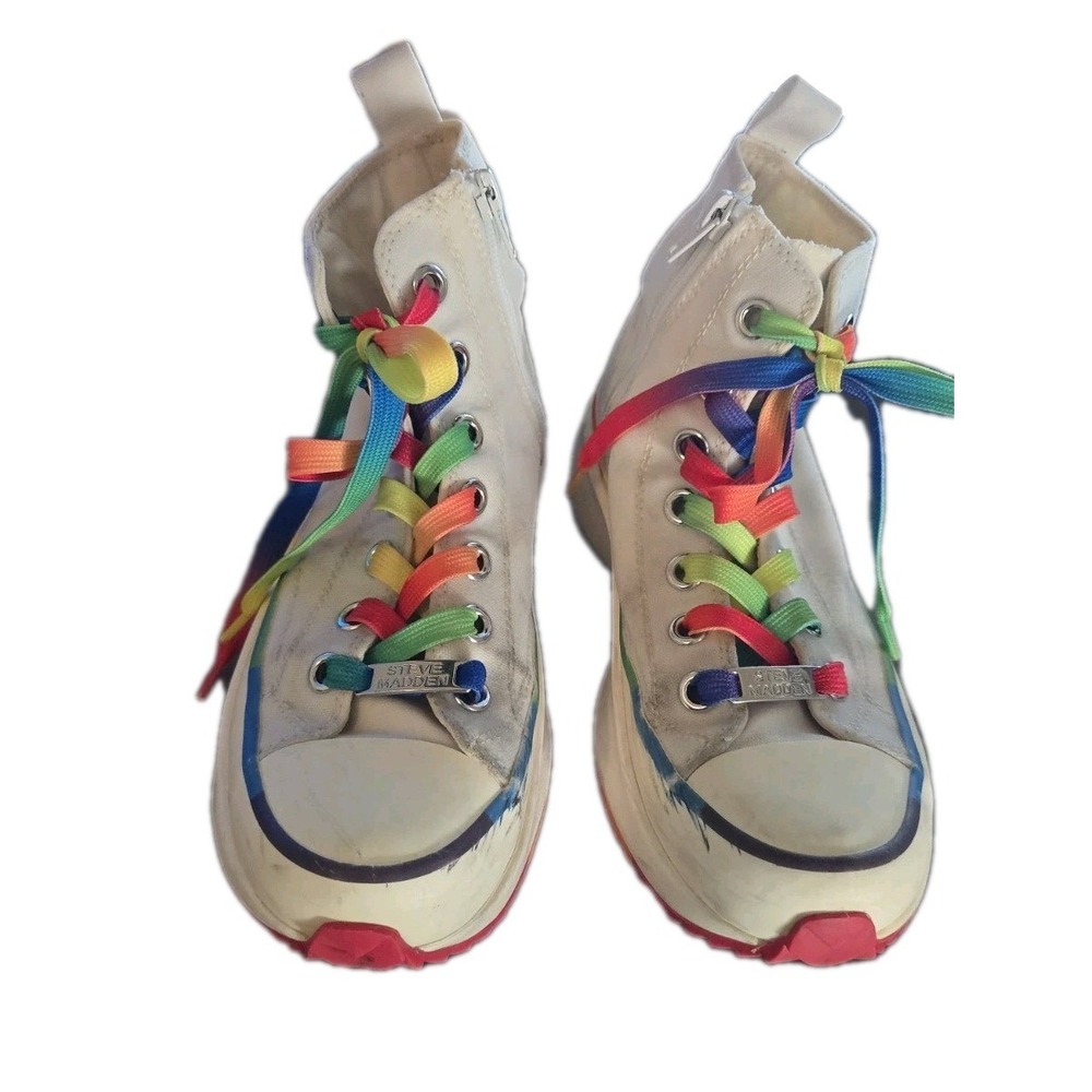 Steve Madden Women's White High Top Sneakers‎ Rainbow Laces Zip Back SZ 7.5